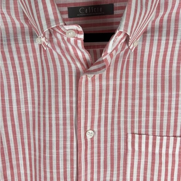 CASSERA Mens Sz 18 1/2 Red White Striped Linen Blend Shirt - Picture 3 of 7
